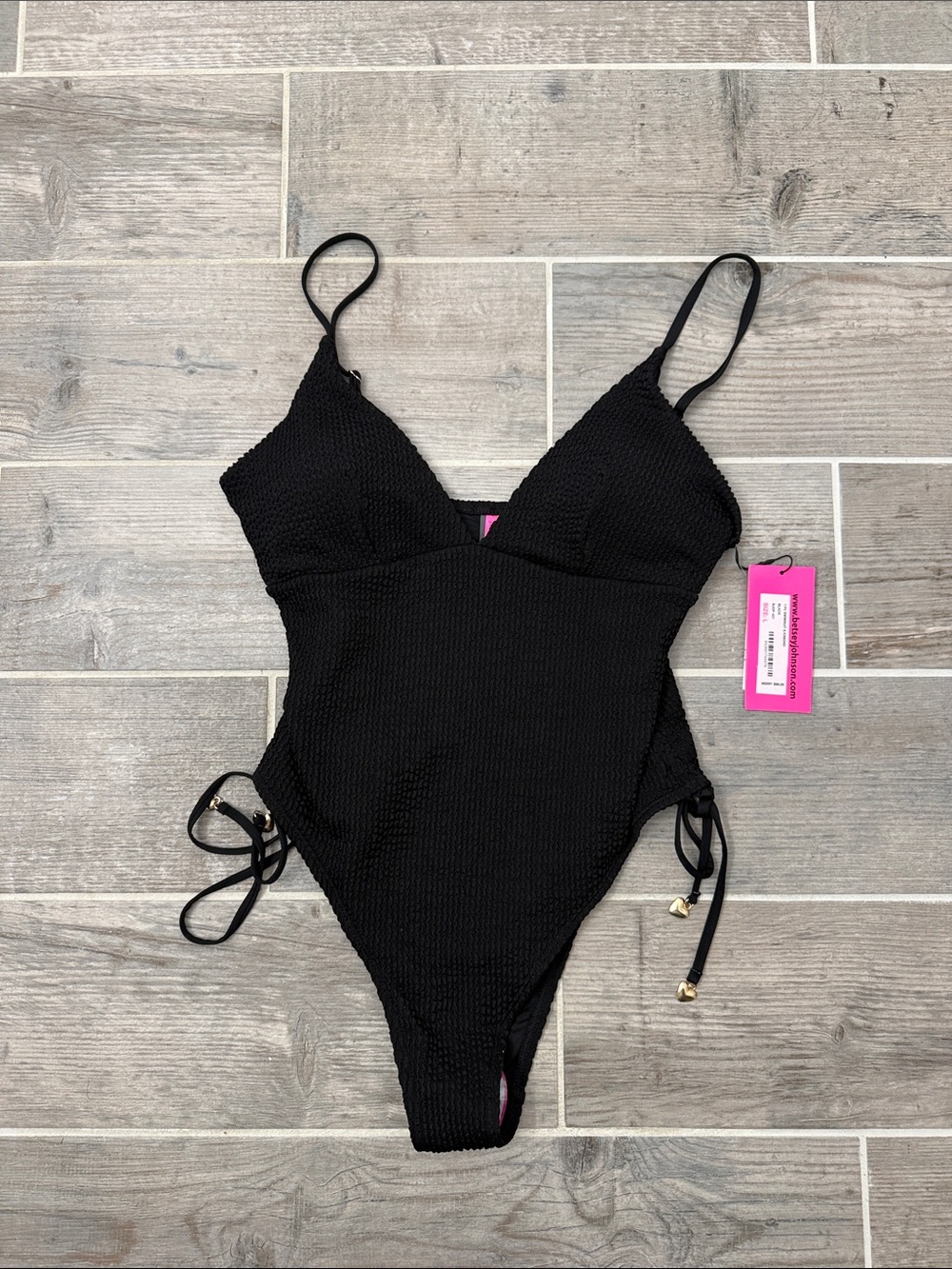 Betsey Johnson Black Textured One-Piece Swimsuit with Side Ties and Gold Accents
